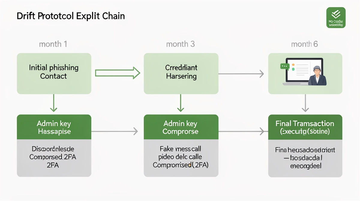 Flowchart of the six-month social engineering attack that compromised Drift Protocol admin keys on Solana