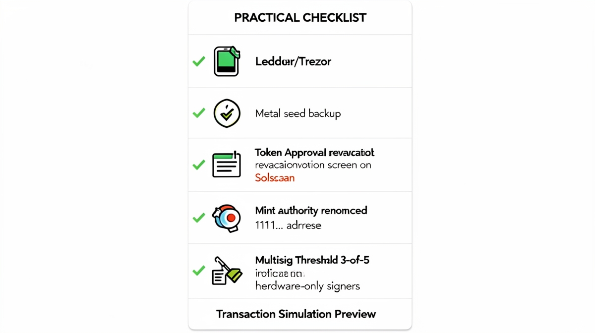 Visual checklist card for Solana meme-coin wallet security: hardware wallet, seed backup, approval revocation, authority verification, multisig config, transaction simulation