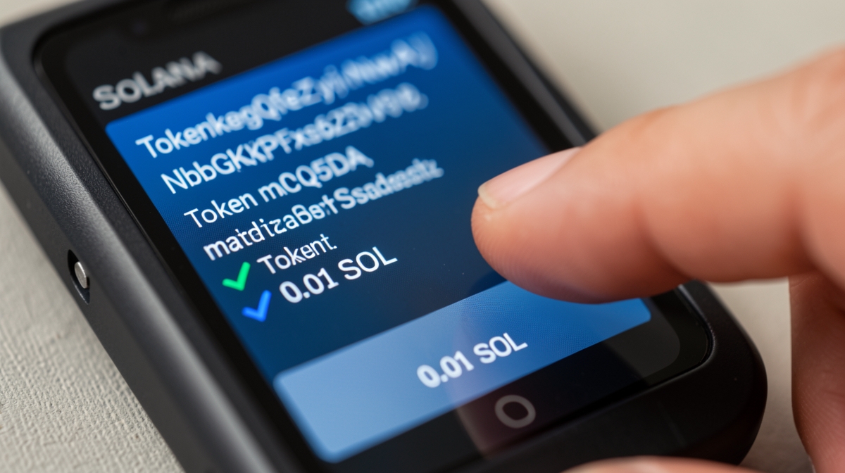 Hardware wallet screen showing Solana transaction details for verification