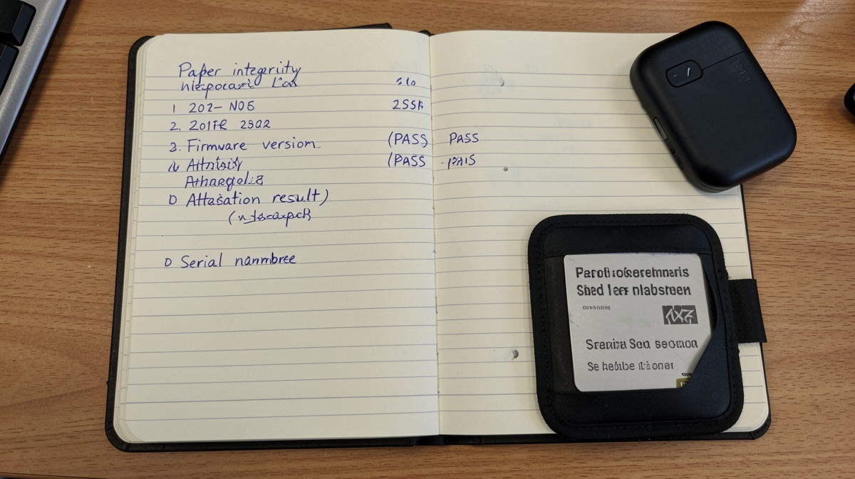 Paper integrity log with firmware versions and seed phrase storage