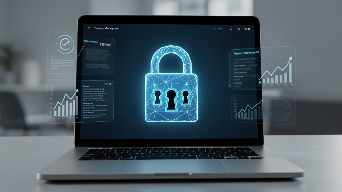 Futuristic interface showing a two-of-three multi-signature lock mechanism used for securing a cryptocurrency treasury wallet.
