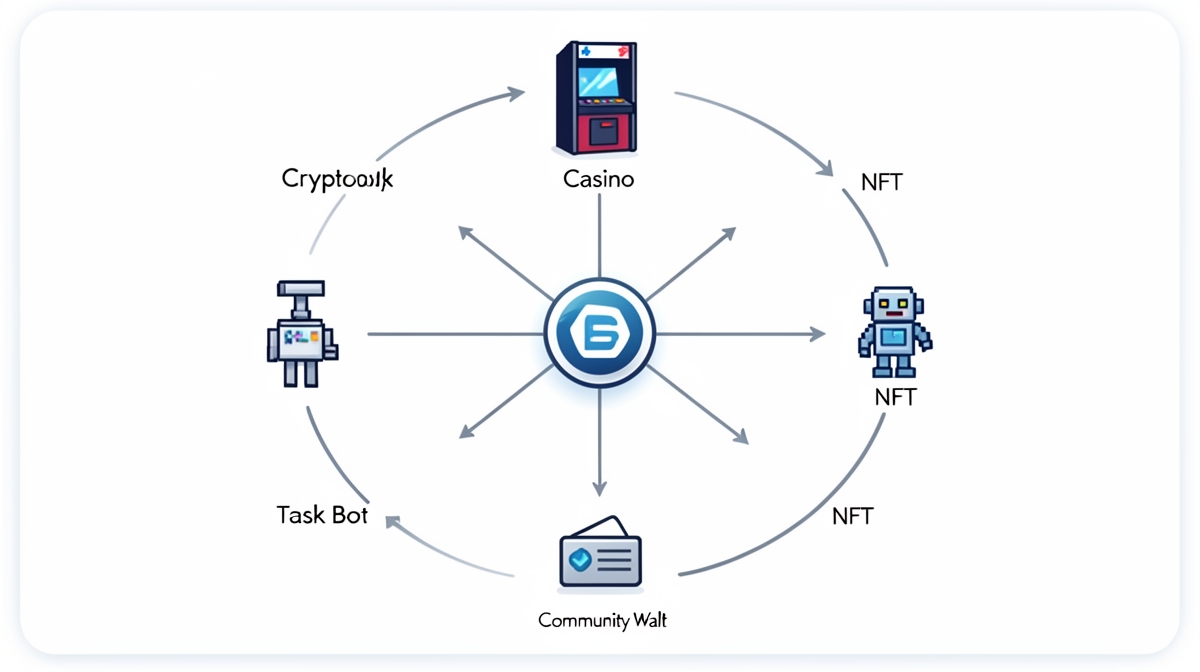 Diagram of a Solana meme coin ecosystem with connections between a token hub, a casino, NFTs, and a task bot, all feeding a community treasury.