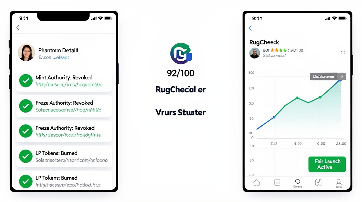 Phantom wallet token detail view showing revoked authorities and burned LP with Solscan verification links, plus RugCheck score and DexScreener fair-launch indicator