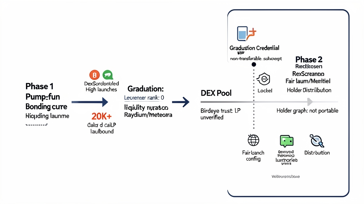 Timeline showing bonding curve graduation resetting discovery metrics, with a proposed soulbound graduation credential carrying trust signals across the migration